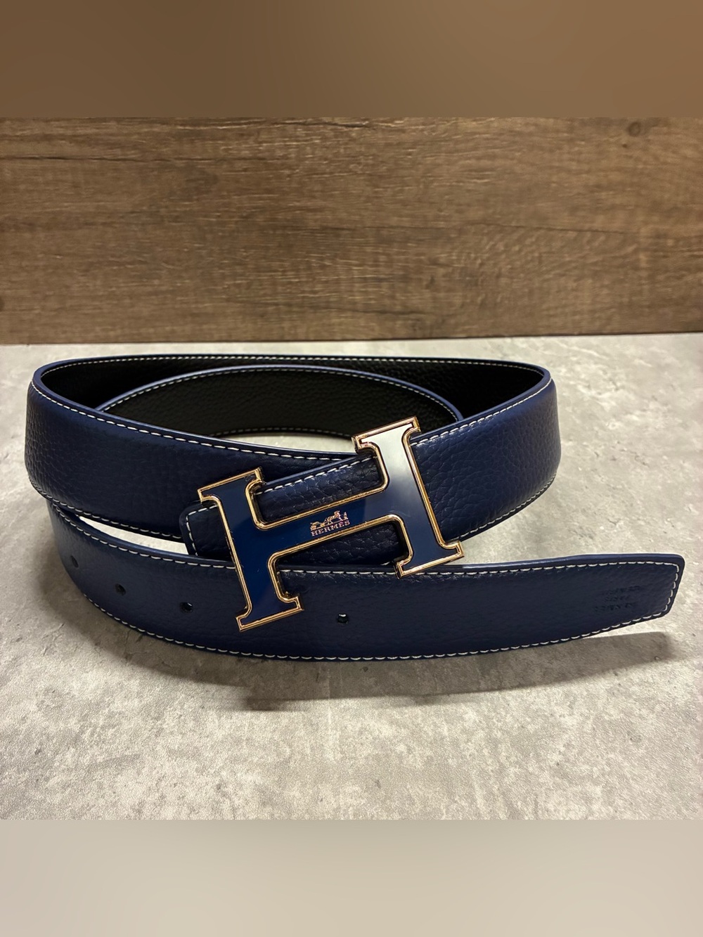 Class Royal Blue Men's Leather Belt with H Gold Metal Buckle